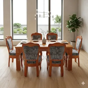 Jedwali la Kula la Mahogany la Viti 6 vya Premium na Viti vya Tufted