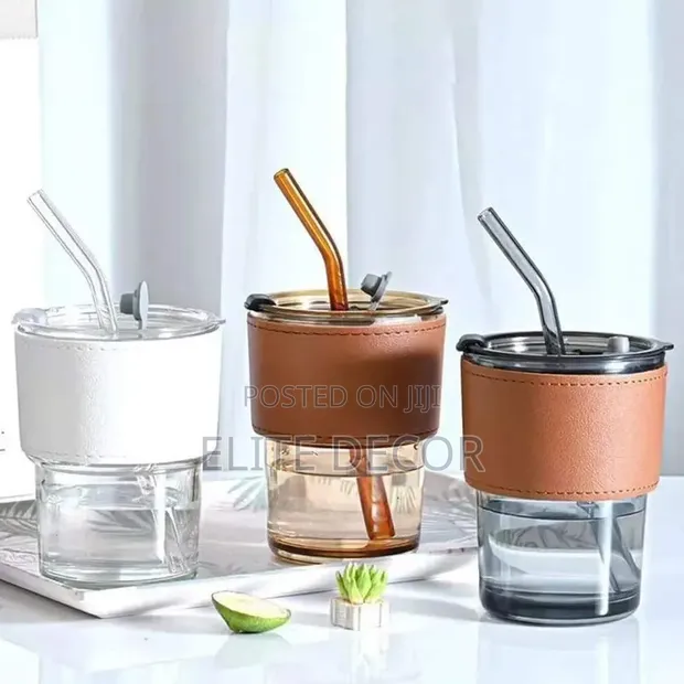 Kikombe cha Smoothie cha Kioo cha Slub cha Kupendeza 300ml na Majani na Jalada la Ngozi - 1