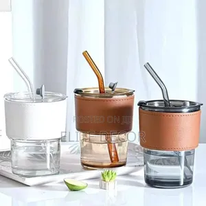Kikombe cha Smoothie cha Kioo cha Slub cha Kupendeza 300ml na Majani na Jalada la Ngozi