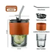Kikombe cha Smoothie cha Kioo cha Slub cha Kupendeza 300ml na Majani na Jalada la Ngozi - 2