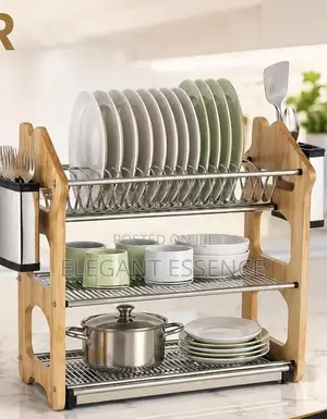 3-Tier Stainless Steel Dish Rack na Acacia Side Stand