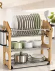 3-Tier Stainless Steel Dish Rack na Acacia Side Stand - 1