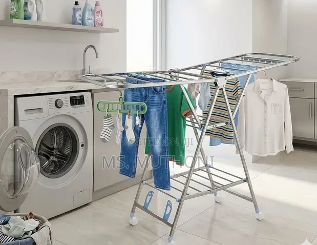 Modern Stainless Steel Laundry Rack with Wheels - 1