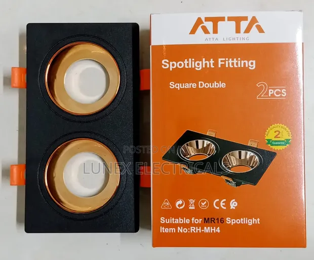 ATTA Lighting Double Square Spotlight Fitting (Black/Gold) - 1