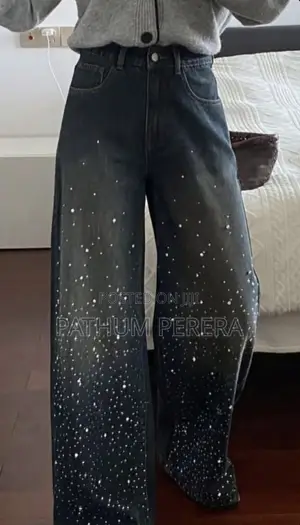 Jeans za Denim za Wide Leg za High-Waisted Zenye Rhinestones