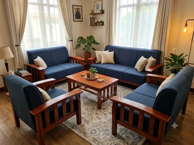 Handcrafted Solid Wood Sofa Set with Blue Upholstery - 1