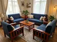 Handcrafted Solid Wood Sofa Set with Blue Upholstery - 1