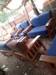 Handcrafted Solid Wood Sofa Set with Blue Upholstery - 2
