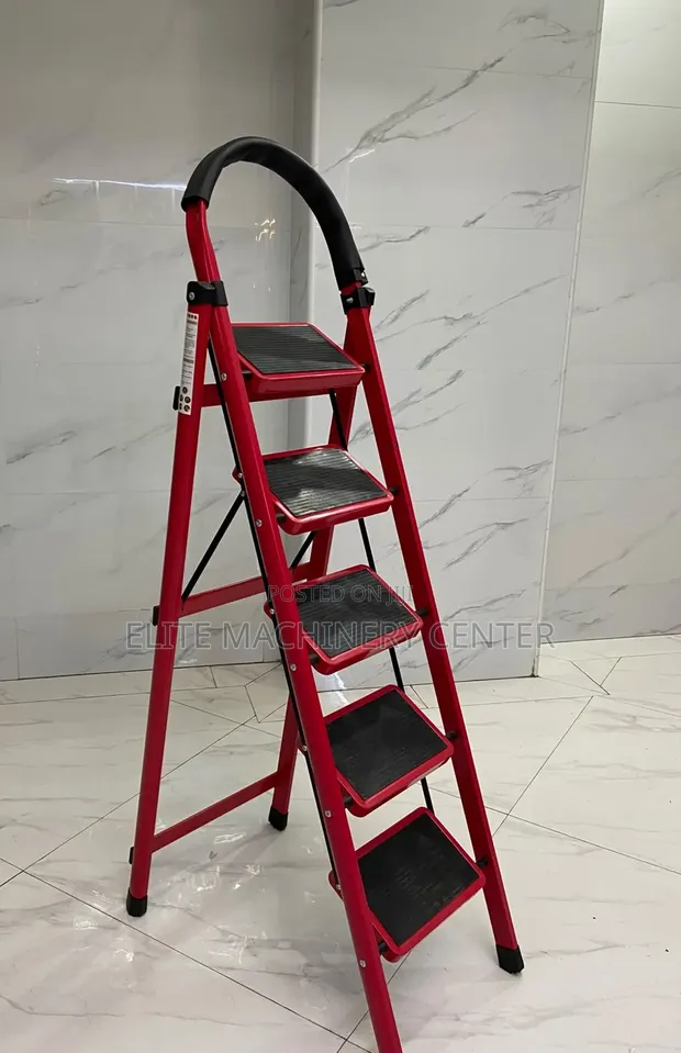 Red 5-Step Folding Steel Ladder - 1