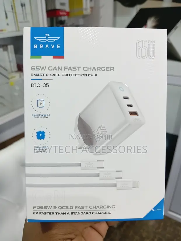Brave GAN 65W Fast Charger na Cables (USB-C hadi C, USB-C hadi Lightning) - 1