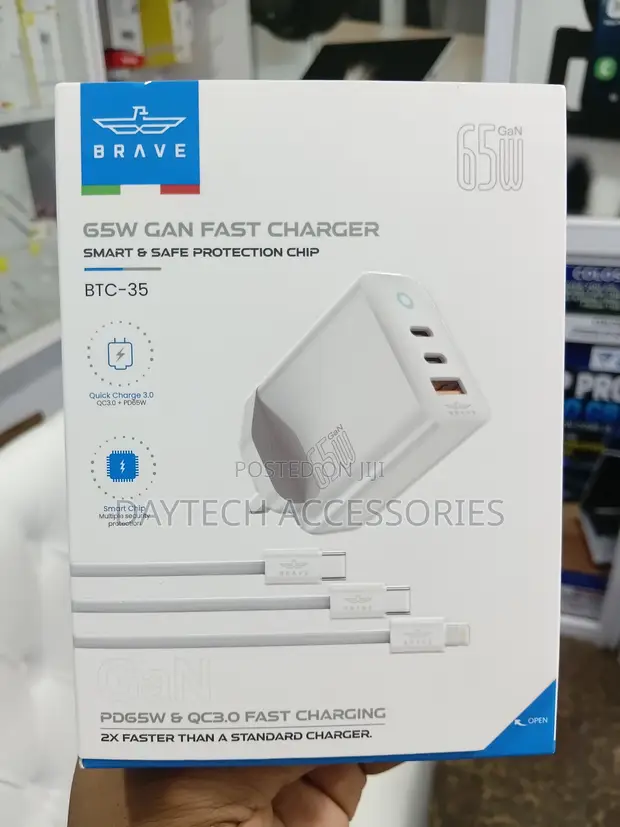Brave 65W GaN Fast Charger 3-Port (USB-C/USB-A) - White - 1