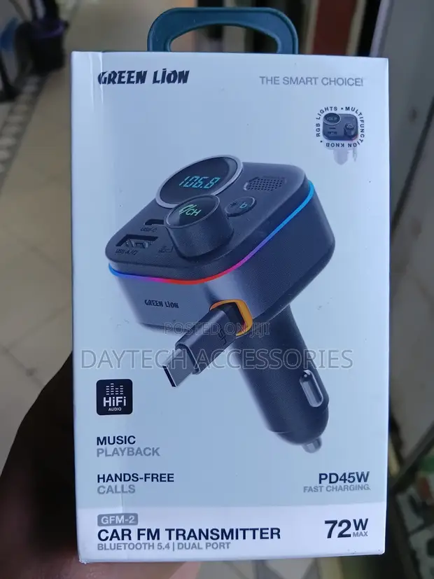 Green Lion GFM-2 Car FM Transmitter Charger 72W - Nyeusi - 1