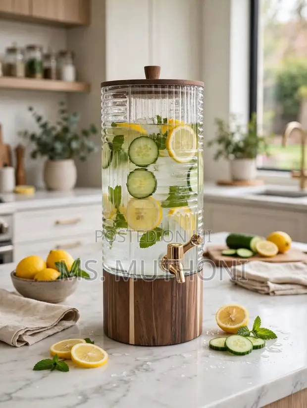 Premium 5L Glass Beverage Server with Wood Stand - 1