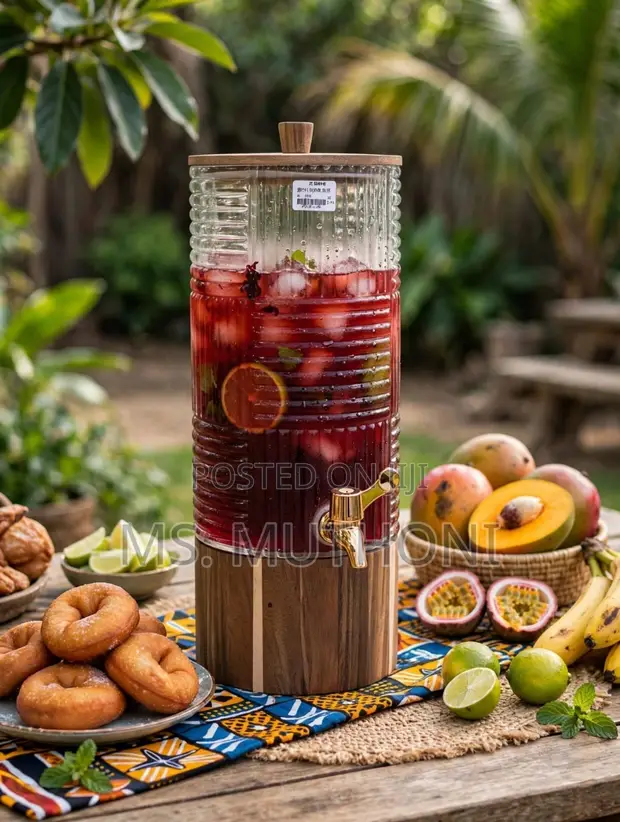 5L Fluted Glass Drink Dispenser with Wooden Pedestal - 1