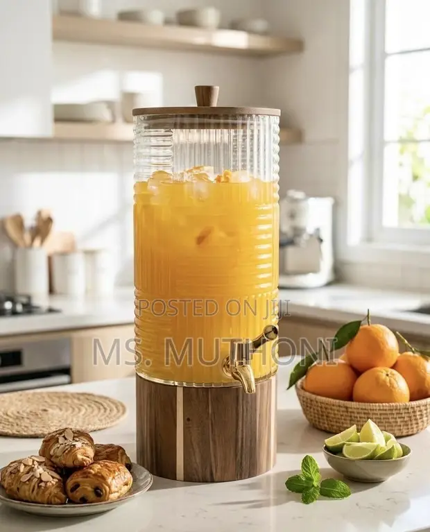 Luxury Ribbed Glass Drink Dispenser with Wooden Base - 1