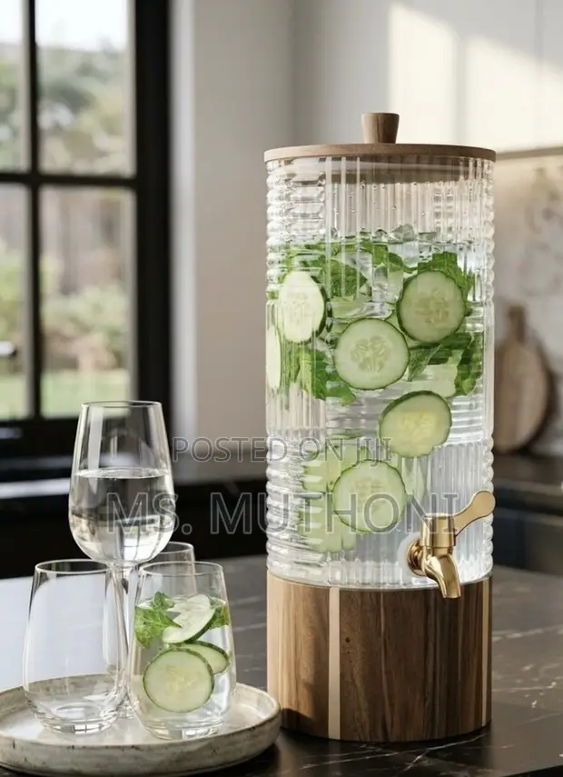 Premium 5L Glass Beverage Dispenser with Wooden Accents - 1