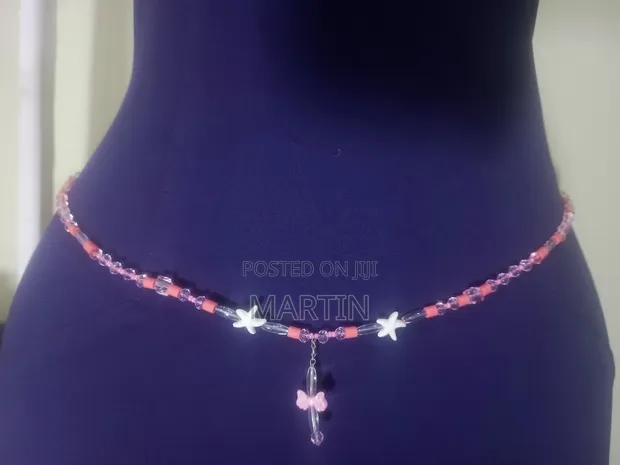 Custom Waistbeads - Pink, Blue, Silver with Flowers - 1