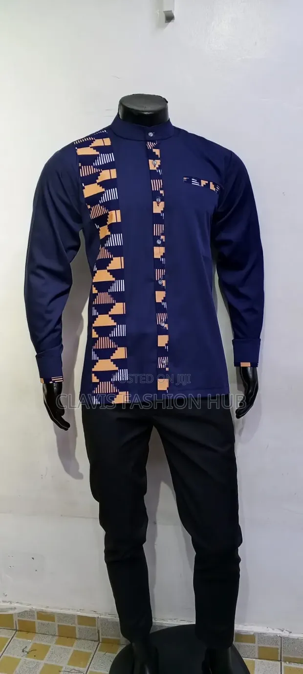 Shati za Kiafrika za Navy Blue Ankara kwa Wanaume - 1