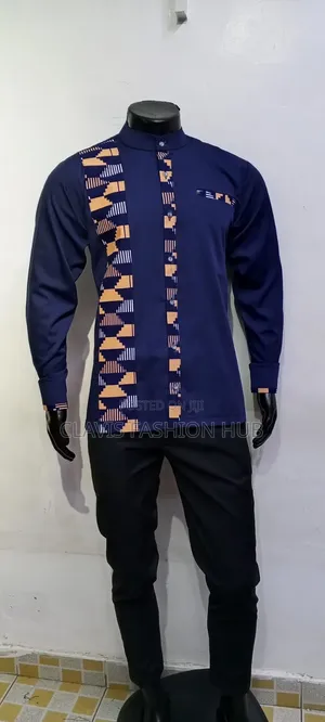 Shati za Kiafrika za Navy Blue Ankara kwa Wanaume