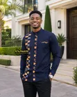 Shati za Kiafrika za Navy Blue Ankara kwa Wanaume - 2