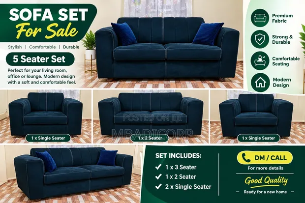 Set ya Sofa ya Navy Blue ya Kina 5 - Safi na Nzuri - 1