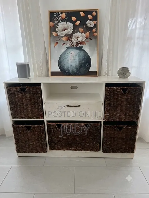 TV Stand with Wicker Basket Storage - White - 1