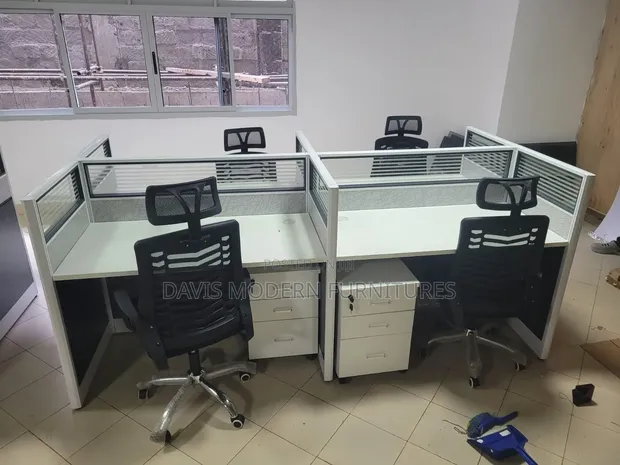 White 4-Way Office Workstation with Mobile Pedestals - 1