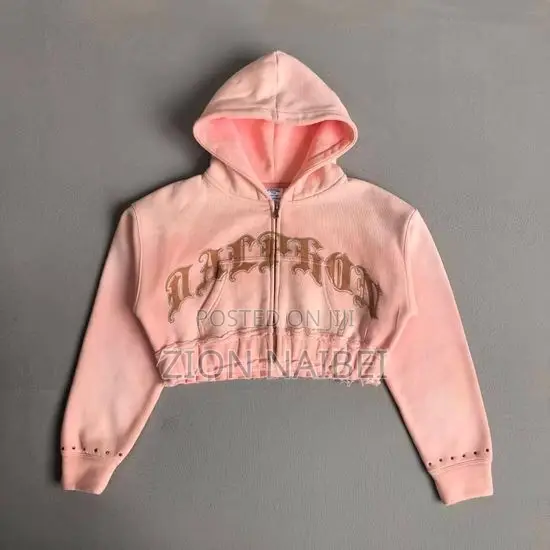 Pink Rhinestone Logo Cropped Hoodie (Y2K) - 1