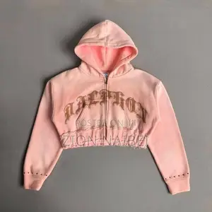 Pink Rhinestone Logo Cropped Hoodie (Y2K)
