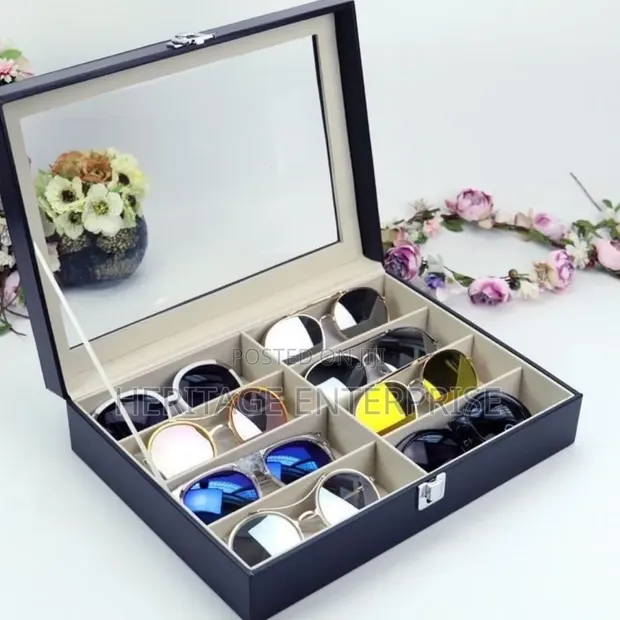 8-Slot Sunglasses Display Case - Black PU Leather - 1