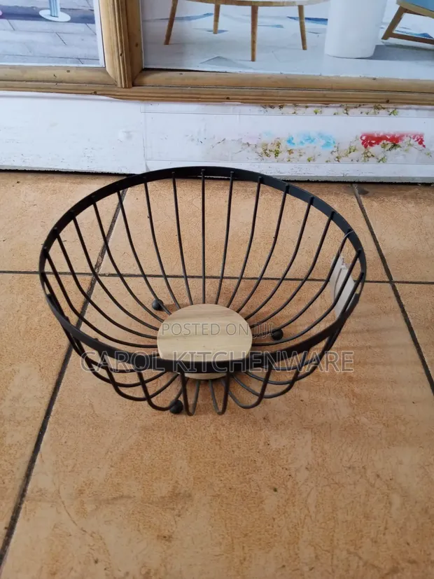 Metal Wire Fruit Basket with Wooden Base - Black - 1