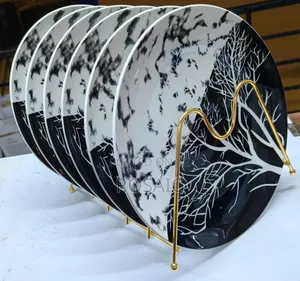 6-Piece Ceramic Dinner Plate Set - Black & White Abstract Tree