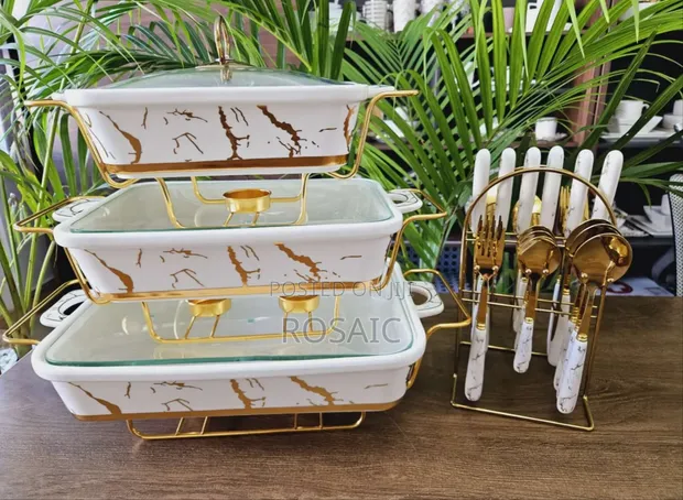 3pcs White Gold Ceramic Chafing Dish Set (3.5L, 2.5L, 1.8L) - 1