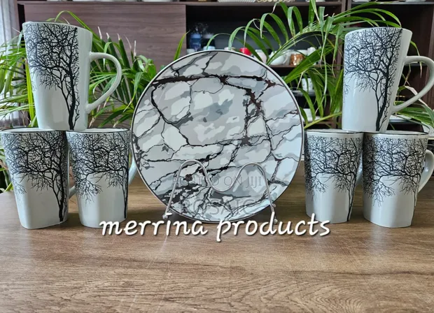 12-Piece High-Quality Tree Mug and Plate Set - Gray - 1