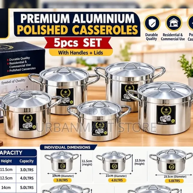 5-Piece Polished Aluminium Casserole Set (5L-8.5L) - 1