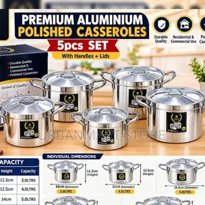 5-Piece Polished Aluminium Casserole Set (5L-8.5L)