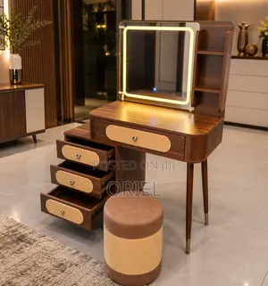 Modern Dressing Table with LED Mirror and Stool - Brown Wood