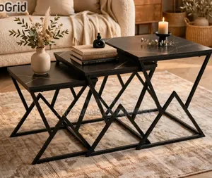 Modern 3-in-1 Executive Squire Marble Nesting Tables, Black