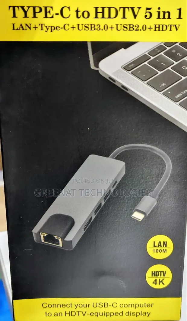 5-in-1 USB-C Hub: HDMI 4K, LAN, USB 3.0/2.0 - 1