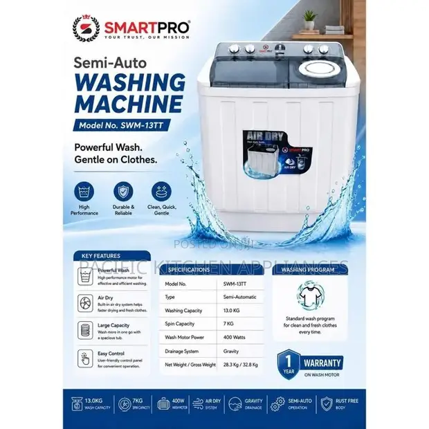 Smartpro 13kg Twin Tub Washing Machine - 1