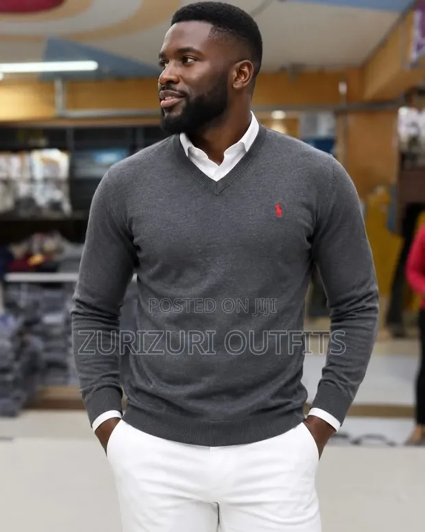 Sweater ya Polo Rasmi Kijivu V-Neck - 1