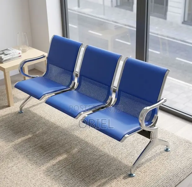 3-Seater Blue Leather Linked Office Bench - 1