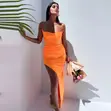 Orange Maxi Spaghetti Dress With Slit - 1