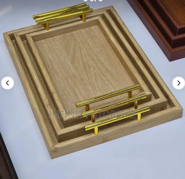 3-Piece Wooden Serving Tray Set with Gold Handles - 1
