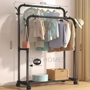 Double Pole Clothing Rack na Magurudumu & Rafu ya Chini