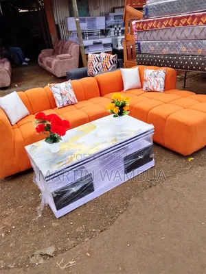 L-Shaped Sofa with Spring Cushion + Coffee Table