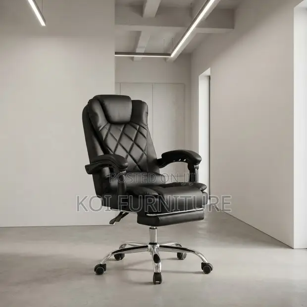 Executive Leather Office Chair with Footrest - Black - 1