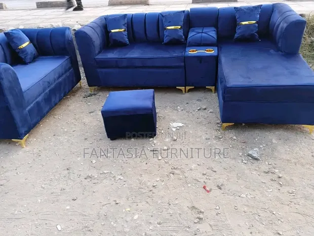 5 Seater Blue Corner Sofa with Cup Holders - 1