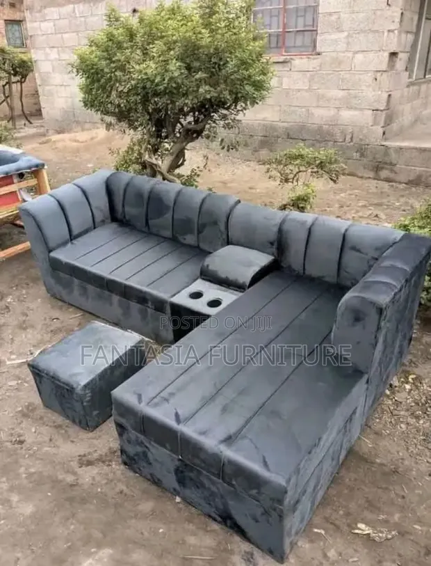 5 Seater Black L-Shaped Corner Sofa with Ottoman - 1