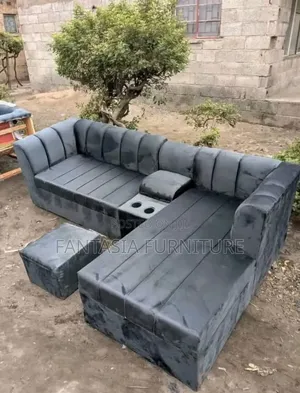 Kochi ya Kona ya L-Shape Nyeusi ya Viti 5 na Ottoman